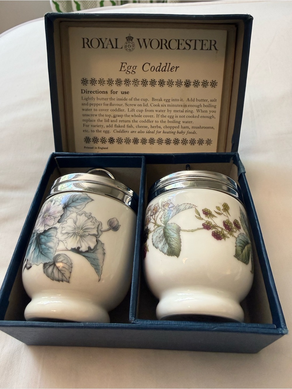 Royal Worcester White Porcelain Egg Coddlers with Floral Motif